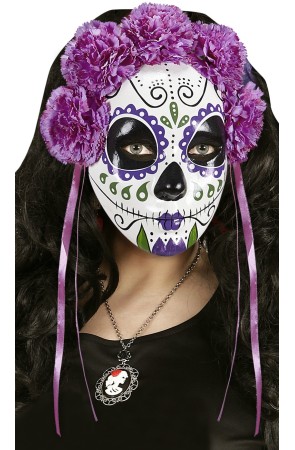 Máscara Dia de Los Muertos decorada Rosas Moradas