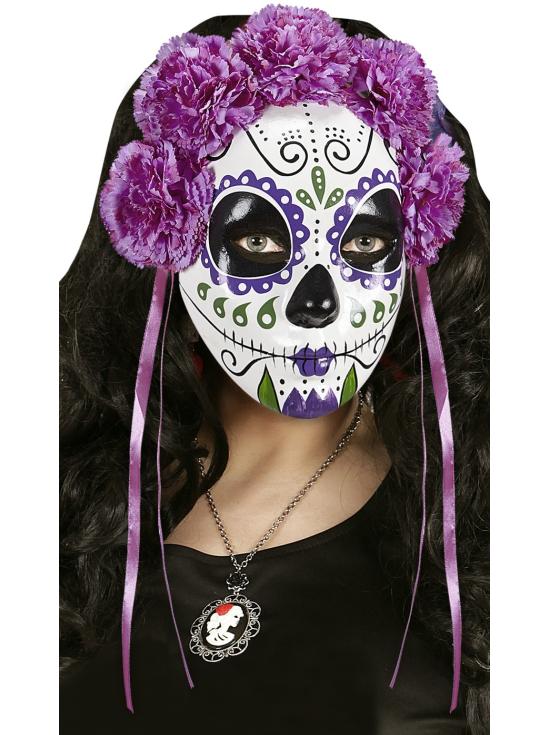 Máscara Dia de Los Muertos decorada Rosas Moradas