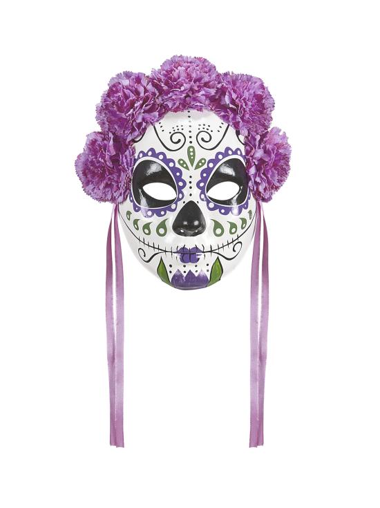 Máscara Dia de Los Muertos decorada Rosas Moradas