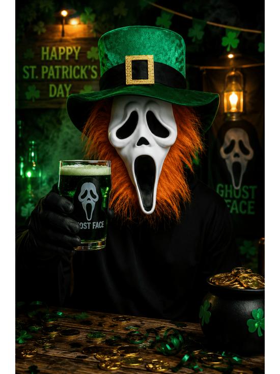 Máscara Ghost Face® San Patricio con Pelo Naranja y Gorro de Duende