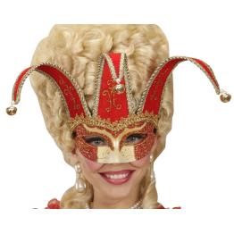 Máscara Veneciana color Roja decorada glitter oro