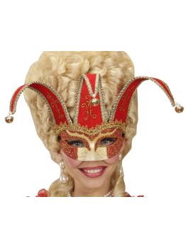 Máscara Veneciana color Roja decorada glitter oro