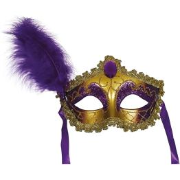 Máscara Veneciana Morada con Plumas para Disfraz | Antifaz Carnaval Adulto