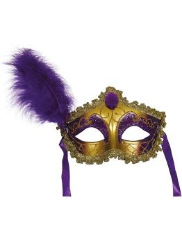 Máscara Veneciana Morada con Plumas para Disfraz | Antifaz Carnaval Adulto