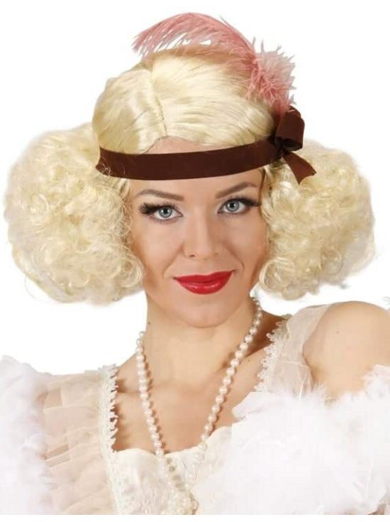 Peluca Burlesque Rubia decorada  cinta y pluma