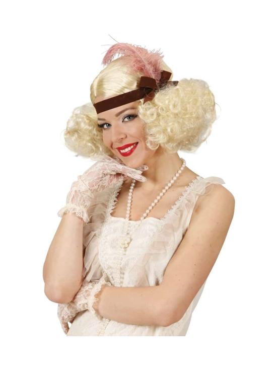 Peluca Burlesque Rubia decorada  cinta y pluma