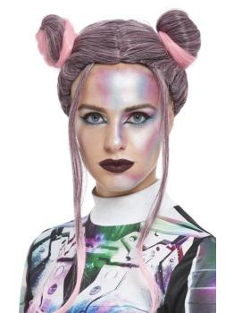 Peluca con moños espaciales, Negro y rosa