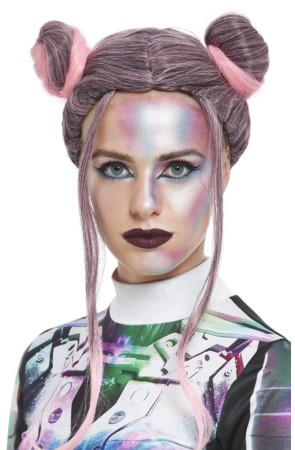 Peluca con moños espaciales, Negro y rosa