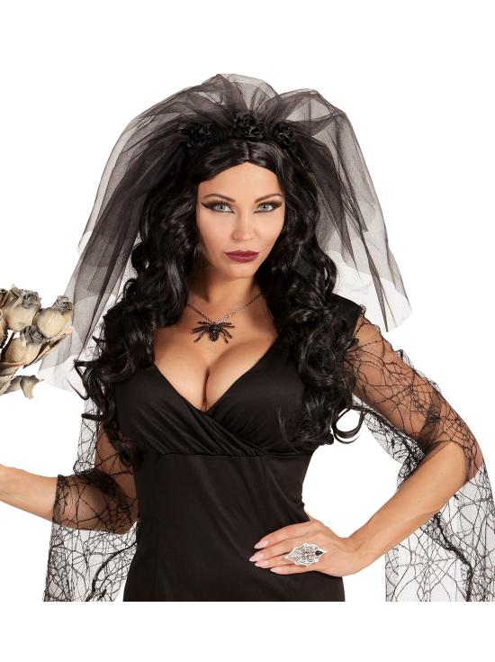 Diadema Velo Viuda Negra – Tocado con Rosas Negras para Halloween y Carnaval