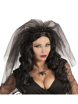 Diadema Velo Viuda Negra – Tocado con Rosas Negras para Halloween y Carnaval