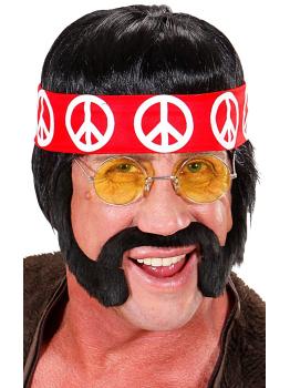 Peluca de hippy con bigote, patillas y cinta.