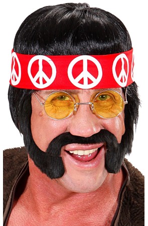 Peluca de hippy con bigote, patillas y cinta.