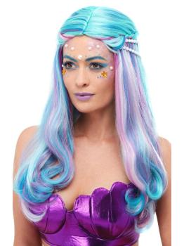 Peluca de sirena, Azul, con perlas