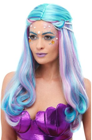 Peluca de sirena, Azul, con perlas