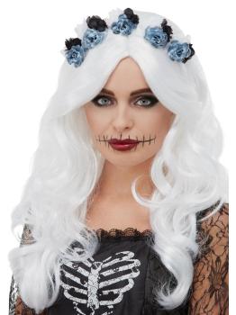 Peluca del Día de Muertos, Blanco, con flores