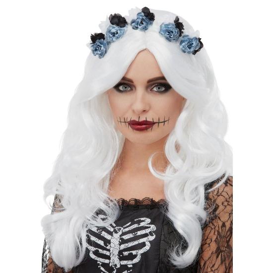 Peluca del Día de Muertos, Blanco, con flores Peluca del Día de Muertos, Blanco, con flores