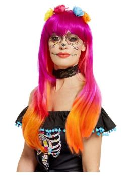 Peluca del Día de Muertos, Rosa y naranja, con flores