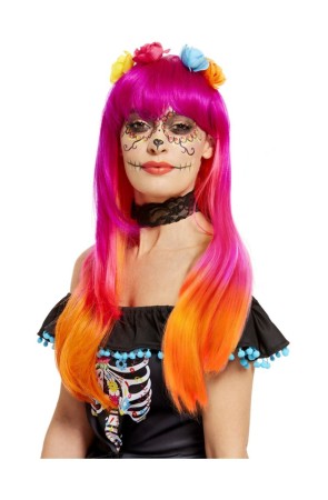 Peluca del Día de Muertos, Rosa y naranja, con flores