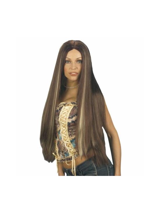 Peluca Extra larga Castaña con Mechas.