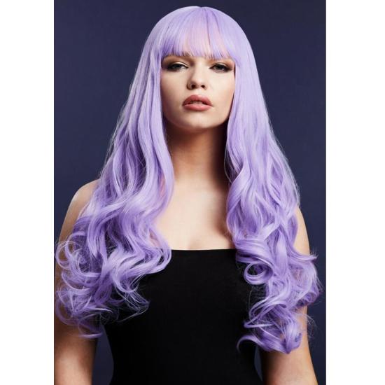 Peluca Fever Gigi, Violeta, Largo y rizado con raya en el centro y flequillo, 62cm Peluca Fever Gigi, Violeta, Largo y rizado con raya en el centro y flequillo, 62cm