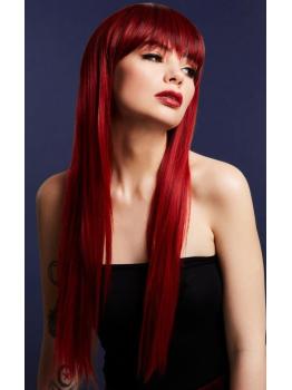 Peluca Fever Jessica, mezcla auténtica, Rojo rubí, Raíces oscuras, largo con capas y flequillo, 66 cm