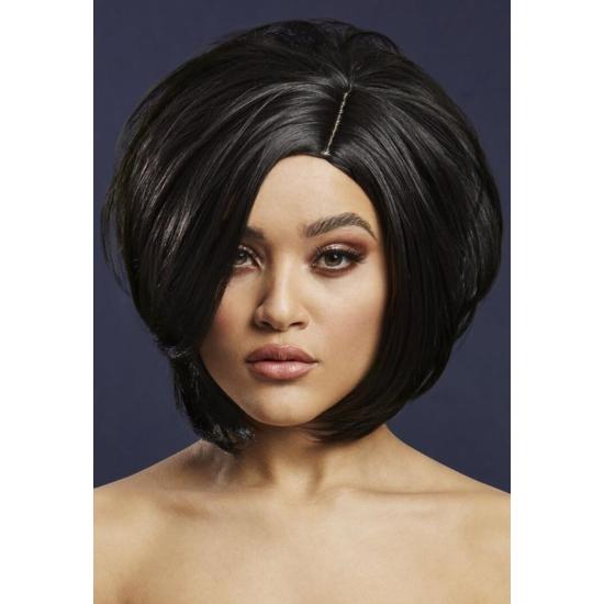 Peluca Fever Savanna, mezcla auténtica, Negro, Bob asimétrico con raya al lado, 30cm