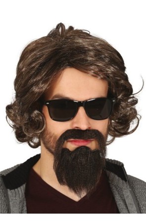 Peluca Media Melena Castaña con Barba