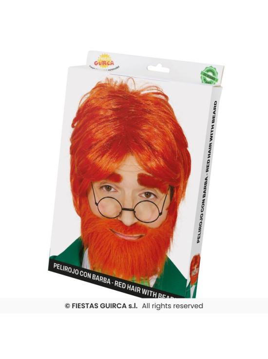 Peluca pelirroja con barba en caja, Color rojo, Leprechaun