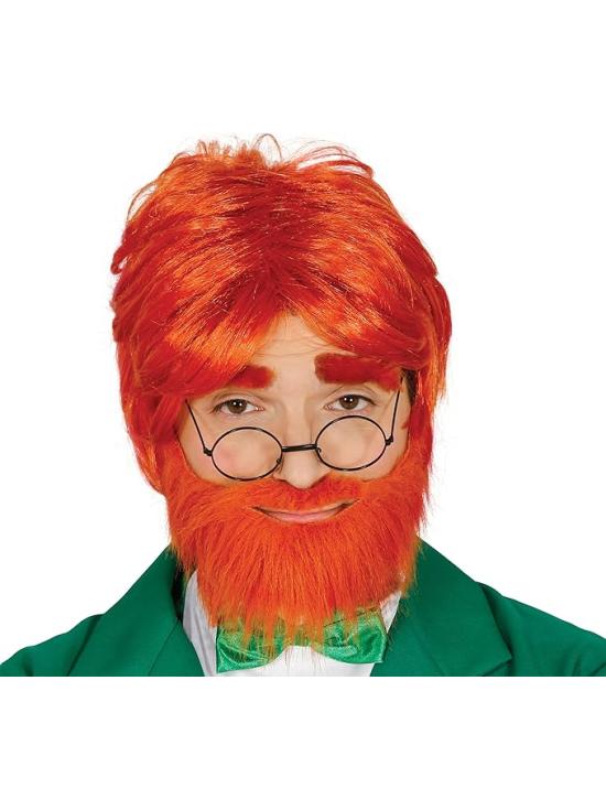 Peluca pelirroja con barba en caja, Color rojo, Leprechaun