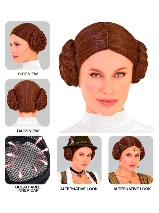 Peluca Princesa Leia Marrón con Moños Trenzados