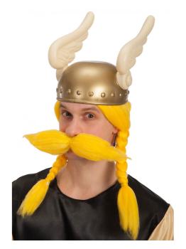 Peluca vikingo amarilla con bigote en estuche