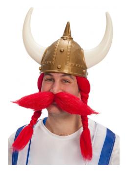 Peluca vikingo roja con bigote en estuche