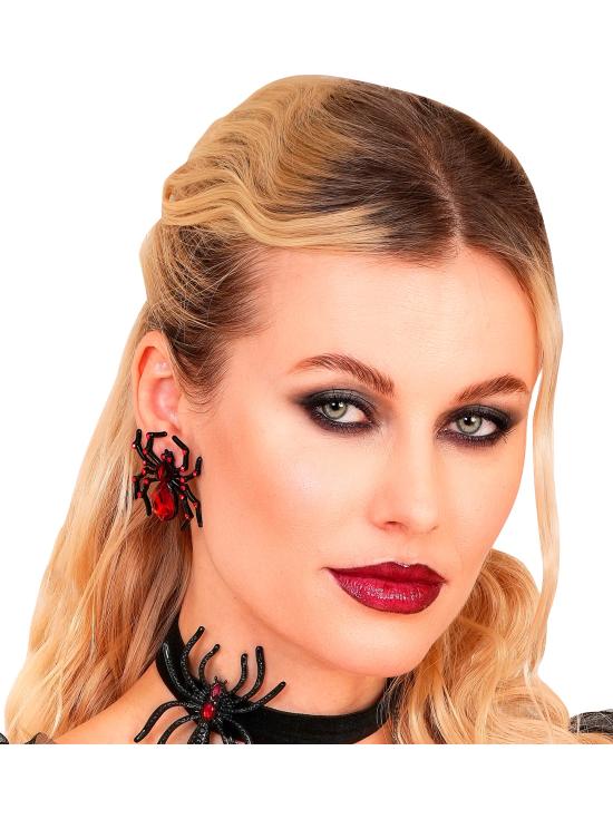 Pendientes Araña con Gema y Diamantes Rojos para Halloween