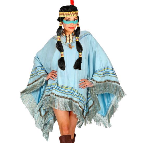 Poncho de Ante Azul con Flecos – Disfraz de India o Hippie Mujer