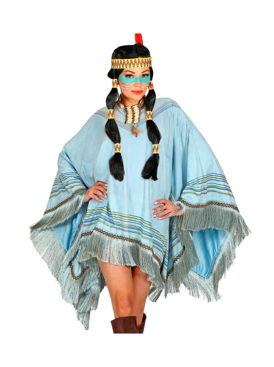 Poncho de Ante Azul con Flecos – Disfraz de India o Hippie Mujer