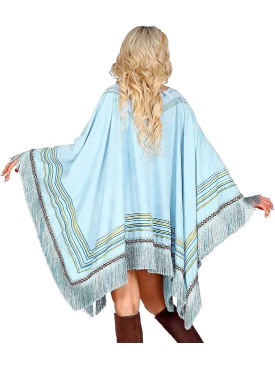 Poncho de Ante Azul con Flecos – Disfraz de India o Hippie Mujer