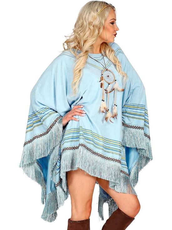 Poncho de Ante Azul con Flecos – Disfraz de India o Hippie Mujer