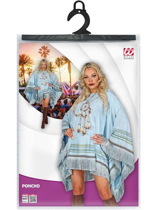 Poncho de Ante Azul con Flecos – Disfraz de India o Hippie Mujer