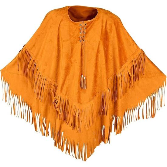 Poncho de Ante con Flecos – Disfraz Adulto Hippie, Indio, Reggae y Vaquero