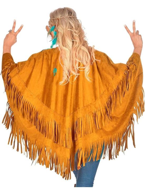Poncho de Ante con Flecos – Disfraz Adulto Hippie, Indio, Reggae y Vaquero
