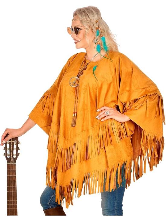 Poncho de Ante con Flecos – Disfraz Adulto Hippie, Indio, Reggae y Vaquero