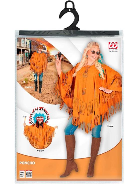 Poncho de Ante con Flecos – Disfraz Adulto Hippie, Indio, Reggae y Vaquero