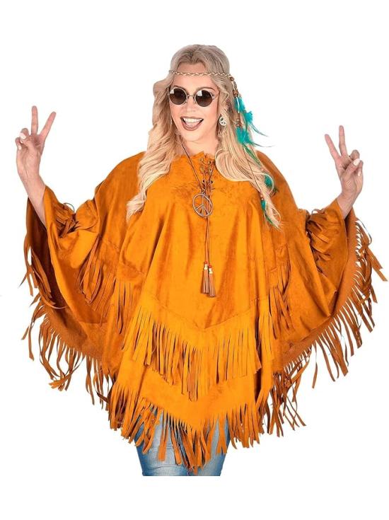 Poncho de Ante con Flecos – Disfraz Adulto Hippie, Indio, Reggae y Vaquero