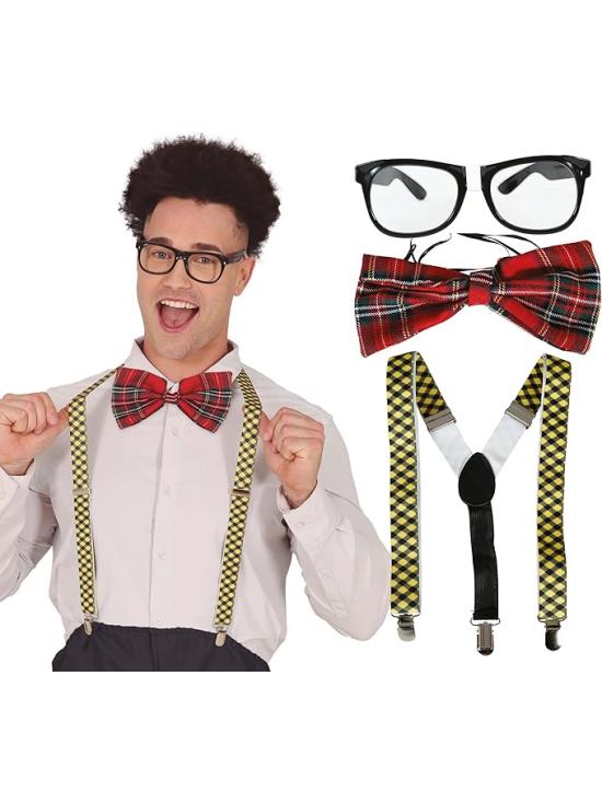 Set de Accesorios Nerd con Gafas, Pajarita y Tirantes