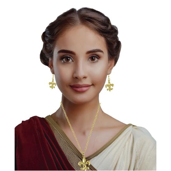 Set de Joyas Romano Dorado – Collar y Pendientes para Disfraces de Emperatriz, Patricias y Damas de la Antigua Roma
