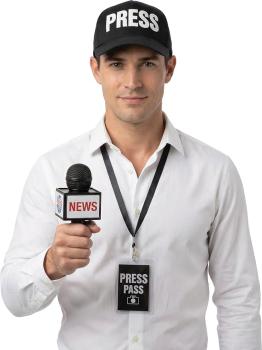 Set de Periodista 3 Piezas – Gorra PRESS, Micrófono NEWS y Pase de Prensa