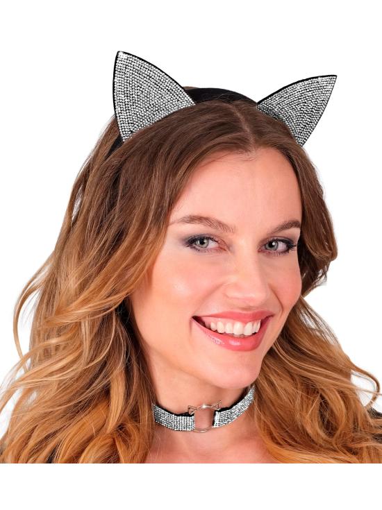 Set Gatita de Lujo (Orejas y Collar) en Terciopelo y Diamantes de Imitación