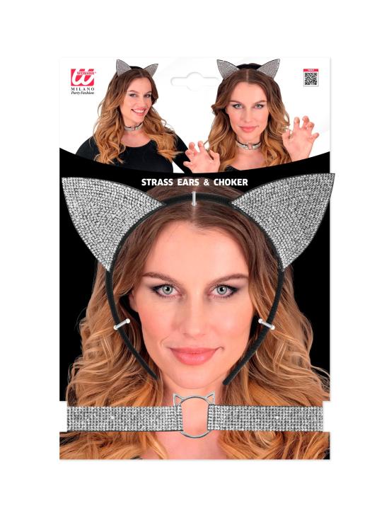 Set Gatita de Lujo (Orejas y Collar) en Terciopelo y Diamantes de Imitación