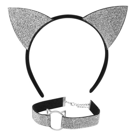 Set Gatita de Lujo (Orejas y Collar) en Terciopelo y Diamantes de Imitación