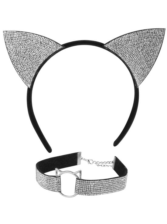 Set Gatita de Lujo (Orejas y Collar) en Terciopelo y Diamantes de Imitación